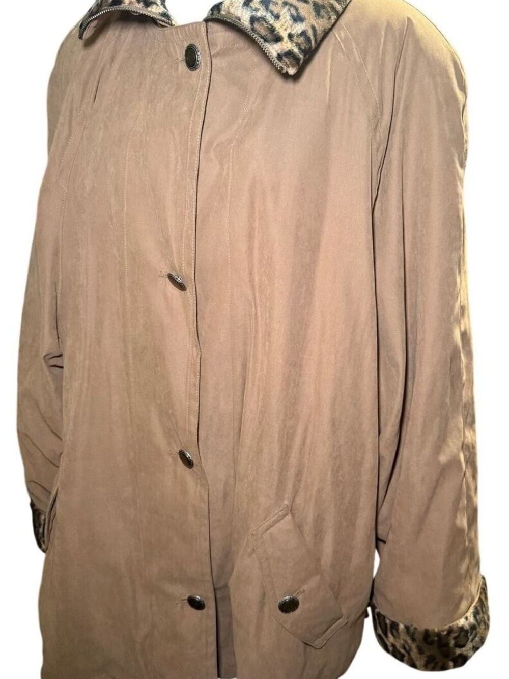 Bernardo Vintage Leopard Faux Fur Trim Insulated Coat, Camel Brown, Plus Size 3X